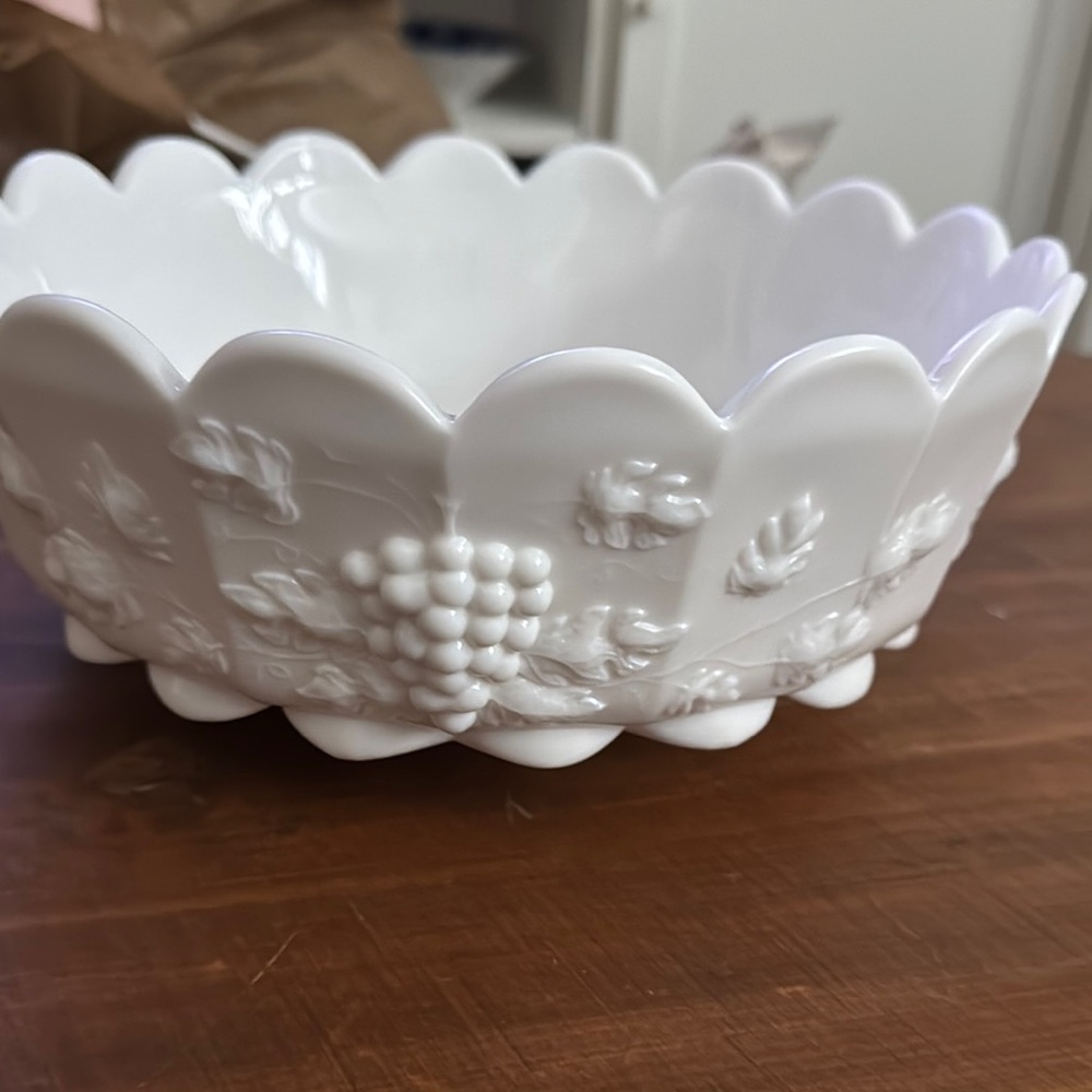 White Scalloped Milk Glass Bowl with Grape Design